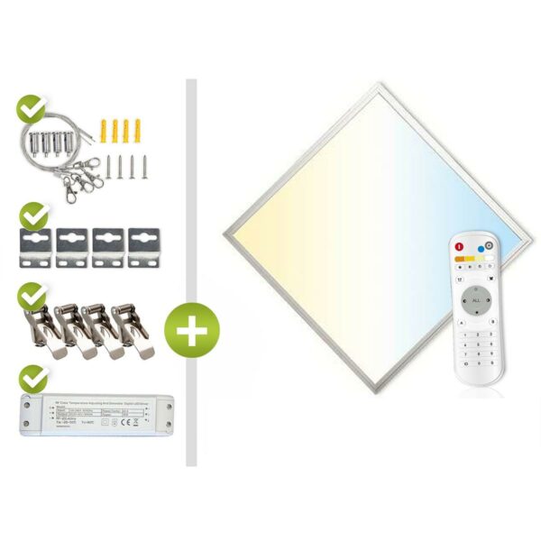 CCT LED Panel Komplett-Set 1 60 x 60 cm silber inkl. Netzteil, Z-Halter, Seilaufhängung, Clips , Fernbedienung