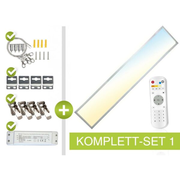CCT LED Panel Set S | 150x30cm 48W 3000K-6000K silber | mit Netzteil Fernbedienung und Seilabhängung