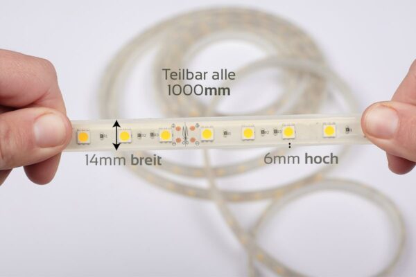230 Volt LED Streifen kaltweiß 6000 Kelvin 50 Meter 8W/m 60LED/m 14mm IP44