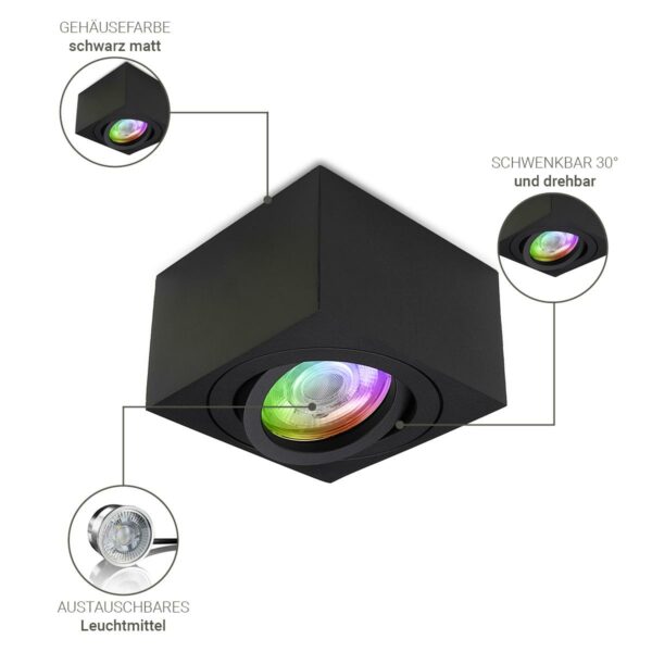 Flacher quadratischer LED Modul Aufbaustrahler in schwarz 3W RGB+Warmweiß 230V dimmbar 60°