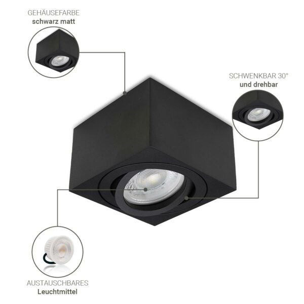 Flacher quadratischer LED Modul Aufbaustrahler in schwarz 5 Watt Neutralweiß 230 Volt 60°