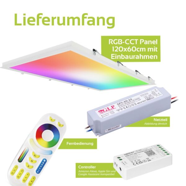 24 Volt RGB+CCT LED Panel Set 120x60cm in weiß mit Einbaurahmen in weiß