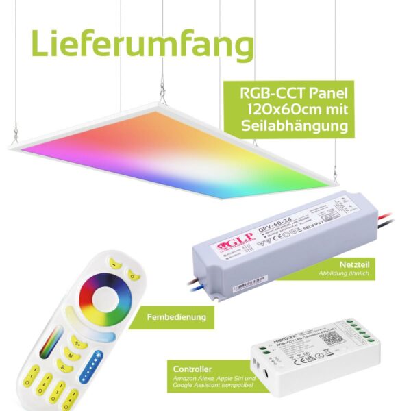 24 Volt RGB+CCT LED Panel Set 120x60cm mit Seilabhängung zum Abhängen von der Zimmerdecke