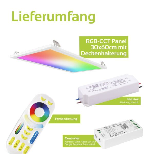 24 Volt RGB+CCT LED Panel Set 60×30 cm in weiß mit Deckenhalterung Clips