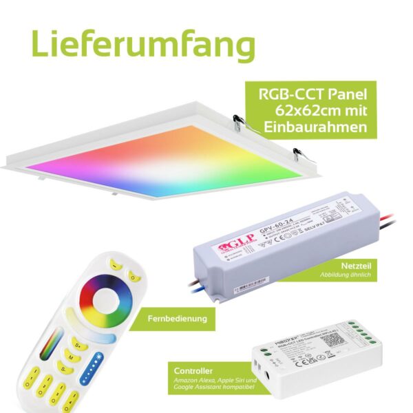 24 Volt RGB+CCT LED Panel Set 62x62 cm mit Einbaurahmen in weiß