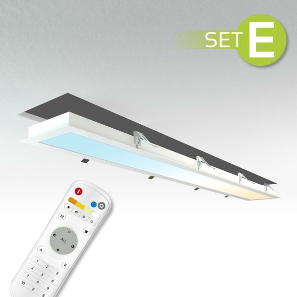 CCT LED Panel Set E | 120x15cm 36W 3000K- 6000K mit Einbaurahmen in weiß Netzteil und Fernbedienung