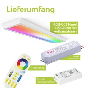 Komplett-Set LED Panel | 120×30cm | RGB+CCT | einstellbare Lichtfarben | dimmbar | 24 Volt | 48 Watt mit Aufbaurahmen in weiß