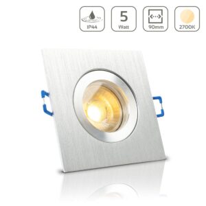 Du suchst eine elegante und langlebige Beleuchtungslösung für Feuchträume oder überdachte Außenbereiche? Der LED Einbaustrahler für Bad & Feuchträume in Alu-gebürsteter Optik vereint modernes Design mit höchster Funktionalität. Mit seiner Schutzart IP44 ist er perfekt für den Einsatz in feuchteren Umgebungen wie Badezimmern, Küchen oder überdachten Außenbereichen geeignet. Das dezente, aber edle Design in gebürstetem Aluminium macht ihn zum idealen Strahler für anspruchsvolle Wohn- und Geschäftsräume. Modernes Design in Alu-gebürstet Der Strahler überzeugt durch seine hochwertige gebürstete Aluminium-Oberfläche, die jedem Raum einen modernen und eleganten Look verleiht. Egal ob im Badezimmer, in der Küche oder in überdachten Außenbereichen wie Terrassen und Balkonen – der Strahler fügt sich nahtlos in verschiedene Einrichtungsstile ein und setzt stilvolle Akzente. Angenehmes warmweißes Licht Mit einer Farbtemperatur von 2700K erzeugt der Strahler ein warmweißes Licht, das für eine gemütliche und entspannende Atmosphäre sorgt. Ideal für Feuchträume wie Badezimmer oder für Wohnbereiche, in denen Du eine angenehme, stimmungsvolle Beleuchtung wünschst. Zudem kannst Du durch die Dimmfunktion die Lichtintensität individuell an Deine Bedürfnisse anpassen. Vielseitige Anwendungsbereiche durch Schutzart IP44 Durch die Schutzart IP44 ist dieser Strahler optimal für feuchtere Innenräume wie Bäder oder Küchen geeignet. Er bietet außerdem einen zuverlässigen Schutz gegen Spritzwasser und kann daher auch in überdachten Außenbereichen wie Terrassen, Balkonen, Carports oder Dachüberständen verwendet werden. Mit seinem robusten Gehäuse und der IP44-Zertifizierung ist der Strahler sowohl funktional als auch langlebig. Einfache Installation und passende Lochsäge Die Installation ist unkompliziert: Du benötigst lediglich einen Deckenausschnitt von 57 bis 75 mm. Die Einbautiefe beträgt 70 mm, einschließlich des GU10-Leuchtmittels (Höhe: 51 mm), das im Lieferumfang enthalten ist. Die passenden Lochsägen zur Vorbereitung des Deckenausschnitts findest Du bequem in unserem Zubehörbereich. Im Lieferumfang enthalten: Eckiger Einbaurahmen aus Alu-gebürstet GU10 LED-Leuchtmittel (5W, 2700K warmweiß) Keramiklampenfassung für GU10 Dichtungsring für den Klemmverschluss Einfache Handhabung des GU10-Leuchtmittels Die Montage des GU10-Leuchtmittels erfolgt von vorne: Drücke den Innenring des Einbaustrahlers mit den Daumen von hinten nach vorne aus dem Rahmen. Setze das GU10-Leuchtmittel (Durchmesser: 50 mm) von vorne ein. Klicke den Innenring wieder ein, um das Leuchtmittel sicher zu fixieren. Dieser einfache Klemmmechanismus gewährleistet, dass das Leuchtmittel fest sitzt und sich problemlos auswechseln lässt. Fazit: LED Einbaustrahler für Bad & Feuchträume – Alu-gebürstet für stilvolle Beleuchtung Der LED Einbaustrahler für Bad & Feuchträume in Alu-gebürstet bietet Dir eine elegante und vielseitige Beleuchtungslösung für feuchte Innenräume und überdachte Außenbereiche. Mit seinem modernen Design, dem warmweißen Licht und der praktischen Dimmfunktion sorgt er für stimmungsvolle Lichtakzente in jedem Raum. Die einfache Montage und der zuverlässige IP44-Schutz machen diesen Strahler zur idealen Wahl für anspruchsvolle Projekte.