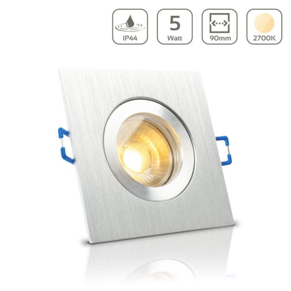 Du suchst eine elegante und langlebige Beleuchtungslösung für Feuchträume oder überdachte Außenbereiche? Der LED Einbaustrahler für Bad & Feuchträume in Alu-gebürsteter Optik vereint modernes Design mit höchster Funktionalität. Mit seiner Schutzart IP44 ist er perfekt für den Einsatz in feuchteren Umgebungen wie Badezimmern, Küchen oder überdachten Außenbereichen geeignet. Das dezente, aber edle Design in gebürstetem Aluminium macht ihn zum idealen Strahler für anspruchsvolle Wohn- und Geschäftsräume. Modernes Design in Alu-gebürstet Der Strahler überzeugt durch seine hochwertige gebürstete Aluminium-Oberfläche, die jedem Raum einen modernen und eleganten Look verleiht. Egal ob im Badezimmer, in der Küche oder in überdachten Außenbereichen wie Terrassen und Balkonen – der Strahler fügt sich nahtlos in verschiedene Einrichtungsstile ein und setzt stilvolle Akzente. Angenehmes warmweißes Licht Mit einer Farbtemperatur von 2700K erzeugt der Strahler ein warmweißes Licht, das für eine gemütliche und entspannende Atmosphäre sorgt. Ideal für Feuchträume wie Badezimmer oder für Wohnbereiche, in denen Du eine angenehme, stimmungsvolle Beleuchtung wünschst. Zudem kannst Du durch die Dimmfunktion die Lichtintensität individuell an Deine Bedürfnisse anpassen. Vielseitige Anwendungsbereiche durch Schutzart IP44 Durch die Schutzart IP44 ist dieser Strahler optimal für feuchtere Innenräume wie Bäder oder Küchen geeignet. Er bietet außerdem einen zuverlässigen Schutz gegen Spritzwasser und kann daher auch in überdachten Außenbereichen wie Terrassen, Balkonen, Carports oder Dachüberständen verwendet werden. Mit seinem robusten Gehäuse und der IP44-Zertifizierung ist der Strahler sowohl funktional als auch langlebig. Einfache Installation und passende Lochsäge Die Installation ist unkompliziert: Du benötigst lediglich einen Deckenausschnitt von 57 bis 75 mm. Die Einbautiefe beträgt 70 mm, einschließlich des GU10-Leuchtmittels (Höhe: 51 mm), das im Lieferumfang enthalten ist. Die passenden Lochsägen zur Vorbereitung des Deckenausschnitts findest Du bequem in unserem Zubehörbereich. Im Lieferumfang enthalten: Eckiger Einbaurahmen aus Alu-gebürstet GU10 LED-Leuchtmittel (5W, 2700K warmweiß) Keramiklampenfassung für GU10 Dichtungsring für den Klemmverschluss Einfache Handhabung des GU10-Leuchtmittels Die Montage des GU10-Leuchtmittels erfolgt von vorne: Drücke den Innenring des Einbaustrahlers mit den Daumen von hinten nach vorne aus dem Rahmen. Setze das GU10-Leuchtmittel (Durchmesser: 50 mm) von vorne ein. Klicke den Innenring wieder ein, um das Leuchtmittel sicher zu fixieren. Dieser einfache Klemmmechanismus gewährleistet, dass das Leuchtmittel fest sitzt und sich problemlos auswechseln lässt. Fazit: LED Einbaustrahler für Bad & Feuchträume – Alu-gebürstet für stilvolle Beleuchtung Der LED Einbaustrahler für Bad & Feuchträume in Alu-gebürstet bietet Dir eine elegante und vielseitige Beleuchtungslösung für feuchte Innenräume und überdachte Außenbereiche. Mit seinem modernen Design, dem warmweißen Licht und der praktischen Dimmfunktion sorgt er für stimmungsvolle Lichtakzente in jedem Raum. Die einfache Montage und der zuverlässige IP44-Schutz machen diesen Strahler zur idealen Wahl für anspruchsvolle Projekte.