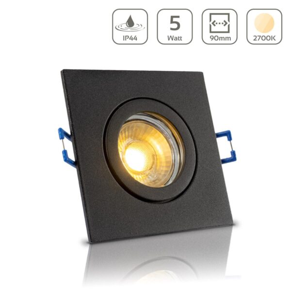 LED Einbaustrahler für Bad & Feuchträume | IP44 | 2700K warmweiß | Schwarz | Eckig | GU10