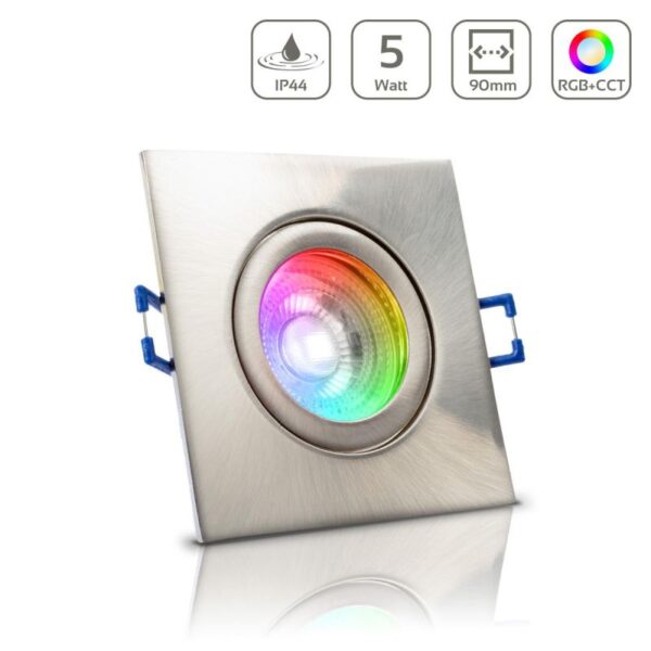 LED Einbaustrahler für Bad & Feuchträume | IP44 | RGB+CCT einstellbare Lichtfarben | Eckig | Edelstahl-gebürstet | GU10