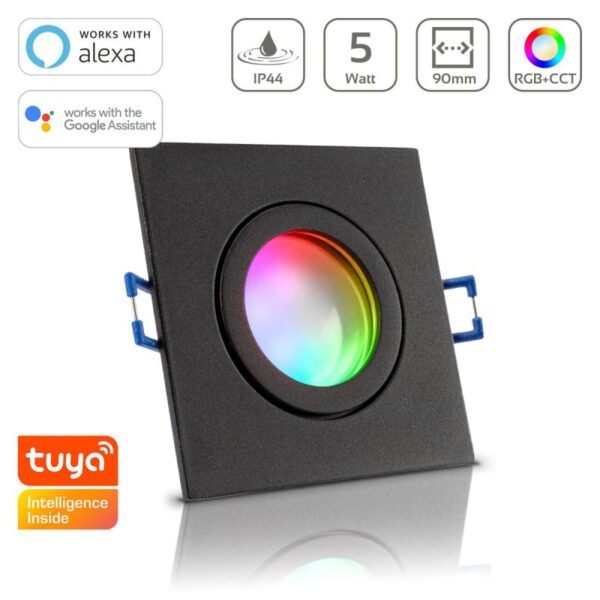 LED Einbaustrahler für Bad & Feuchträume | IP44 | RGB+CCT einstellbare Lichtfarben | Eckig | Schwarz | GU10