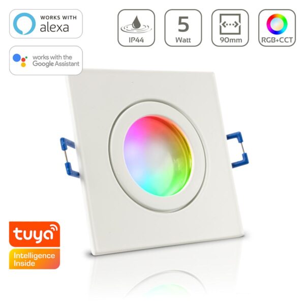 LED Einbaustrahler für Bad & Feuchträume | IP44 | RGB+CCT einstellbare Lichtfarben | Eckig | Weiß | GU10