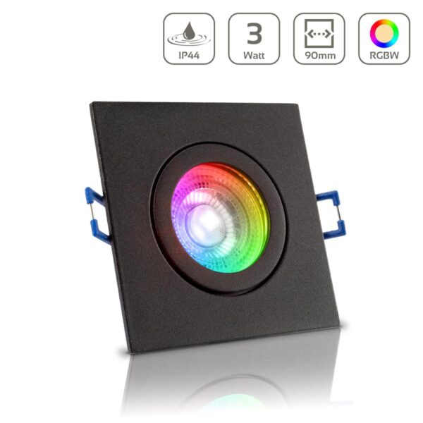LED Einbaustrahler für Bad & Feuchträume IP44 | RGBW einstellbare Lichtfarben | eckig | schwarz | GU10