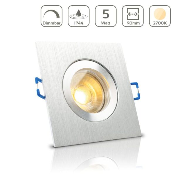 LED Einbaustrahler für Bad & Feuchträume dimmbar – Alu-gebürstet | IP44 | 2700K warmweiß | Eckig | GU10
