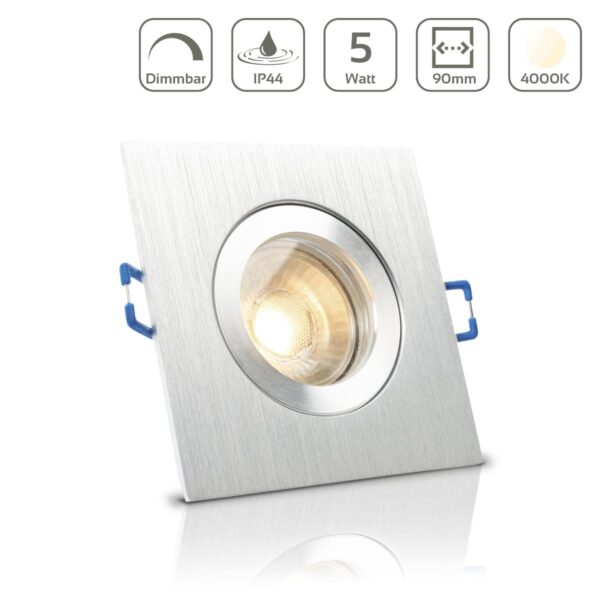 LED Einbaustrahler für Bad & Feuchträume dimmbar – Alu-gebürstet | IP44 | 4000K neutralweiß | Eckig | GU10