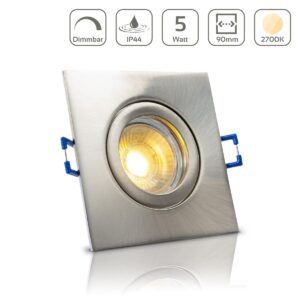 LED Einbaustrahler für Bad & Feuchträume dimmbar – Edelstahl-gebürstet | IP44 | 2700K warmweiß | Eckig | GU10