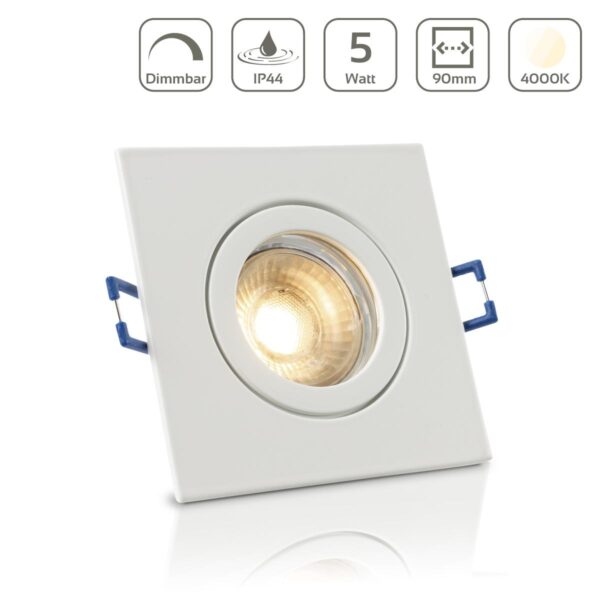 LED Einbaustrahler für Bad & Feuchträume dimmbar | IP44 | 4000K neutralweiß | Eckig | Weiß | GU10