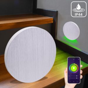⭐🌧️ Smart Home Treppenstufenbeleuchtung außen – rund, Alu gebürstet, RGB+CCT, 3W – Lichtaustritt Kato – IP44 für Außentreppen