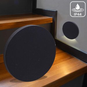 ⭐🌧️ Treppenstufenbeleuchtung außen 68mm – rund, schwarz, CCT 1,5W – Lichtaustritt Kato – IP44 für Außentreppen