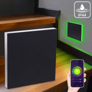 🌧️ Smart Home Treppenstufenbeleuchtung IP44 – eckig, Schwarz – RGB+CCT – Lichtaustritt Linea – App-gesteuert
