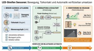Infografik zum Workflow für eine belastbare LED-Streifen Automatik. Die Darstellung ist in drei Phasen gegliedert: 1. Sensor-Auswahl und Planung (z.B. PIR/HF, Dämmerungslogik). 2. Verdrahtung und Schaltart, mit einem Vergleich zwischen Primär-Schaltung (Netzteil schalten) und Sekundär-Schaltung (Signal an Controller), inklusive Hinweis auf den Tischtest vor Einbau. 3. Verifizierung im Zielraum, mit Definition von Akzeptanzkriterien für reproduzierbares Verhalten ohne Fehltrigger. Eine Zeitleiste am unteren Rand visualisiert die praktischen Prüfschritte: Geh-Test, Auslösezone, Tür-Test und Ruhe-Test mit Nachlaufzeit.