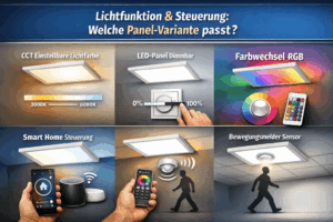 Lichtfunktion & Steuerung bei LED-Panels: CCT-Lichtfarbe 3000–6000K, dimmbar 0–100%, RGB-Farbwechsel, Smart-Home-Steuerung und Bewegungsmelder im Vergleich.