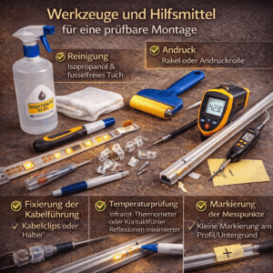 Übersicht essenzieller Werkzeuge für die LED-Streifen Montage: Isopropanol zur Reinigung, Andruckrolle für den Kleberücken, Kabelclips zur Zugentlastung sowie Infrarot-Thermometer zur verifizierbaren Temperaturprüfung an markierten Messpunkten.