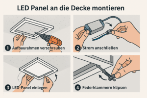 Illustration zur Montage eines LED-Panels an der Decke: Aufputzrahmen verschrauben, Strom anschließen, LED-Panel einlegen und mit Federklammern fixieren.